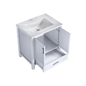 Lexora Jacques LJ342230SADS000 30" Single Bathroom Vanity in White with White Carrara Marble, White Rectangle Sink, Open Doors and Drawer