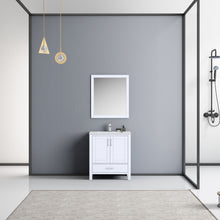 Load image into Gallery viewer, Lexora Jacques LJ342230SADS000 30&quot; Single Bathroom Vanity in White with White Carrara Marble, White Rectangle Sink, Rendered with Mirror and Faucet