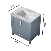 Load image into Gallery viewer, Lexora Jacques LJ342230SBDS000 30&quot; Single Bathroom Vanity in Dark Grey with White Carrara Marble, White Rectangle Sink, Vanity Dimensions
