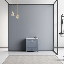 Load image into Gallery viewer, Lexora Jacques LJ342230SBDS000 30&quot; Single Bathroom Vanity in Dark Grey with White Carrara Marble, White Rectangle Sink, Rendered Front View