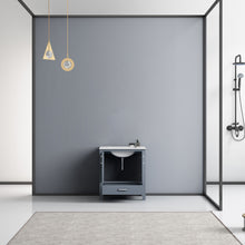 Load image into Gallery viewer, Lexora Jacques LJ342230SBDS000 30&quot; Single Bathroom Vanity in Dark Grey with White Carrara Marble, White Rectangle Sink, Rendered Open Doors