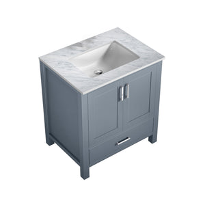 Lexora Jacques LJ342230SBDS000 30" Single Bathroom Vanity in Dark Grey with White Carrara Marble, White Rectangle Sink, Countertop