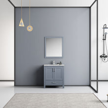 Load image into Gallery viewer, Lexora Jacques LJ342230SBDS000 30&quot; Single Bathroom Vanity in Dark Grey with White Carrara Marble, White Rectangle Sink, Rendered with Mirror and Faucet
