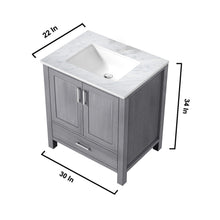 Load image into Gallery viewer, Lexora Jacques LJ342230SDDS000 30&quot; Single Bathroom Vanity in Distressed Grey with White Carrara Marble, White Rectangle Sink, Vanity Dimensions