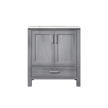 Load image into Gallery viewer, Lexora Jacques LJ342230SDDS000 30&quot; Single Bathroom Vanity in Distressed Grey with White Carrara Marble, White Rectangle Sink, Front View