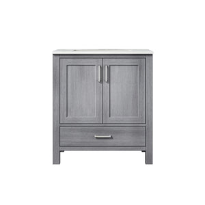 Lexora Jacques LJ342230SDDS000 30" Single Bathroom Vanity in Distressed Grey with White Carrara Marble, White Rectangle Sink, Front View