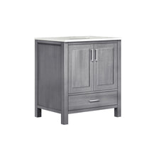 Load image into Gallery viewer, Lexora Jacques LJ342230SDDS000 30&quot; Single Bathroom Vanity in Distressed Grey with White Carrara Marble, White Rectangle Sink, Angled View