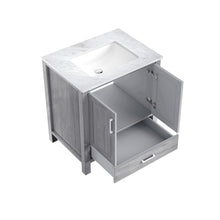Load image into Gallery viewer, Lexora Jacques LJ342230SDDS000 30&quot; Single Bathroom Vanity in Distressed Grey with White Carrara Marble, White Rectangle Sink, Open Doors and Drawer