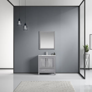 Lexora Jacques LJ342230SDDS000 30" Single Bathroom Vanity in Distressed Grey with White Carrara Marble, White Rectangle Sink, Rendered with Mirror and Faucet
