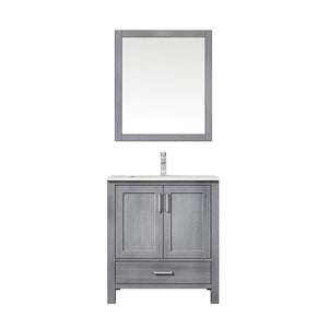 Lexora Jacques LJ342230SDDS000 30" Single Bathroom Vanity in Distressed Grey with White Carrara Marble, White Rectangle Sink, with Mirror and Faucet