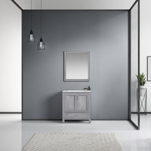 Load image into Gallery viewer, Lexora Jacques LJ342230SDDS000 30&quot; Single Bathroom Vanity in Distressed Grey with White Carrara Marble, White Rectangle Sink, Rendered with Mirror