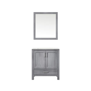 Lexora Jacques LJ342230SDDS000 30" Single Bathroom Vanity in Distressed Grey with White Carrara Marble, White Rectangle Sink, with Mirror