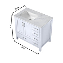 Load image into Gallery viewer, Lexora Jacques LJ342236SADS000-L 36&quot; Single Bathroom Vanity in White with White Carrara Marble, White Rectangle Sink on Left, Vanity Dimensions