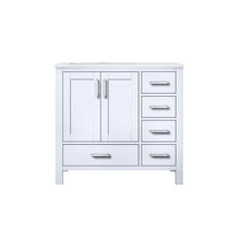 Load image into Gallery viewer, Lexora Jacques LJ342236SADS000-L 36&quot; Single Bathroom Vanity in White with White Carrara Marble, White Rectangle Sink on Left, Front View