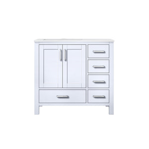 Lexora Jacques LJ342236SADS000-L 36" Single Bathroom Vanity in White with White Carrara Marble, White Rectangle Sink on Left, Front View