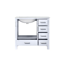 Load image into Gallery viewer, Lexora Jacques LJ342236SADS000-L 36&quot; Single Bathroom Vanity in White with White Carrara Marble, White Rectangle Sink on Left, Open Doors