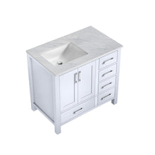 Load image into Gallery viewer, Lexora Jacques LJ342236SADS000-L 36&quot; Single Bathroom Vanity in White with White Carrara Marble, White Rectangle Sink on Left, Countertop