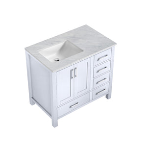 Lexora Jacques LJ342236SADS000-L 36" Single Bathroom Vanity in White with White Carrara Marble, White Rectangle Sink on Left, Countertop