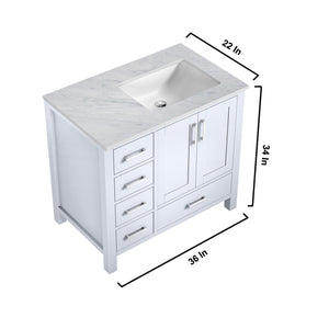 Lexora Jacques LJ342236SADS000-R 36" Single Bathroom Vanity in White with White Carrara Marble, White Rectangle Sink on Right, Vanity Dimenions