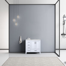 Load image into Gallery viewer, Lexora Jacques LJ342236SADS000-R 36&quot; Single Bathroom Vanity in White with White Carrara Marble, White Rectangle Sink on Right, Rendered Front View