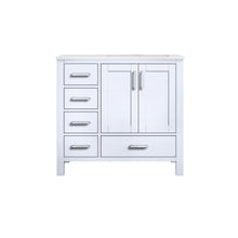 Load image into Gallery viewer, Lexora Jacques LJ342236SADS000-R 36&quot; Single Bathroom Vanity in White with White Carrara Marble, White Rectangle Sink on Right, Front View