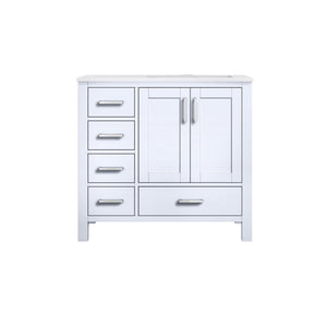 Lexora Jacques LJ342236SADS000-R 36" Single Bathroom Vanity in White with White Carrara Marble, White Rectangle Sink on Right, Front View