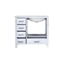 Load image into Gallery viewer, Lexora Jacques LJ342236SADS000-R 36&quot; Single Bathroom Vanity in White with White Carrara Marble, White Rectangle Sink on Right, Open Door