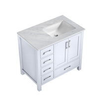 Load image into Gallery viewer, Lexora Jacques LJ342236SADS000-R 36&quot; Single Bathroom Vanity in White with White Carrara Marble, White Rectangle Sink on Right, Countertop