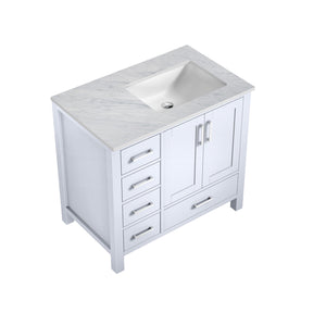 Lexora Jacques LJ342236SADS000-R 36" Single Bathroom Vanity in White with White Carrara Marble, White Rectangle Sink on Right, Countertop