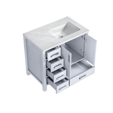 Load image into Gallery viewer, Lexora Jacques LJ342236SADS000-R 36&quot; Single Bathroom Vanity in White with White Carrara Marble, White Rectangle Sink on Right, Open Doors and Drawers
