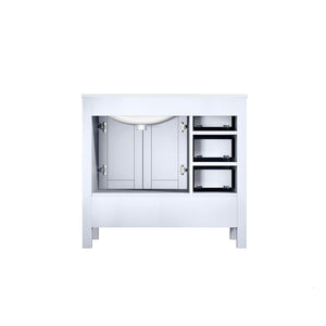 Lexora Jacques LJ342236SADS000-R 36" Single Bathroom Vanity in White with White Carrara Marble, White Rectangle Sink on Right, Back View