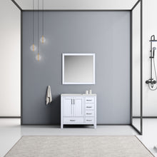Load image into Gallery viewer, Lexora Jacques LJ342236SADS000-L 36&quot; Single Bathroom Vanity in White with White Carrara Marble, White Rectangle Sink on Left, Rendered with Mirror