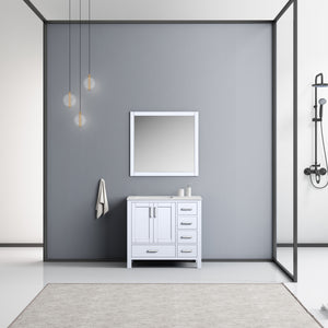 Lexora Jacques LJ342236SADS000-L 36" Single Bathroom Vanity in White with White Carrara Marble, White Rectangle Sink on Left, Rendered with Mirror