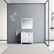 Load image into Gallery viewer, Lexora Jacques LJ342236SADS000-R 36&quot; Single Bathroom Vanity in White with White Carrara Marble, White Rectangle Sink on Right, Rendered with Mirror