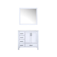Load image into Gallery viewer, Lexora Jacques LJ342236SADS000-R 36&quot; Single Bathroom Vanity in White with White Carrara Marble, White Rectangle Sink on Right, with Mirror
