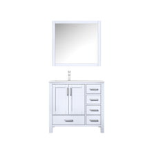 Load image into Gallery viewer, Lexora Jacques LJ342236SADS000-L 36&quot; Single Bathroom Vanity in White with White Carrara Marble, White Rectangle Sink on Left, with Mirror and Facuet