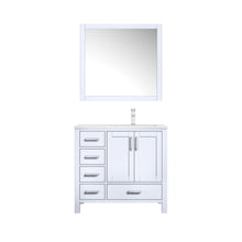 Load image into Gallery viewer, Lexora Jacques LJ342236SADS000-R 36&quot; Single Bathroom Vanity in White with White Carrara Marble, White Rectangle Sink on Right, with Mirror and Faucet