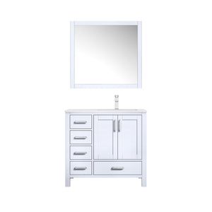 Lexora Jacques LJ342236SADS000-R 36" Single Bathroom Vanity in White with White Carrara Marble, White Rectangle Sink on Right, with Mirror and Faucet