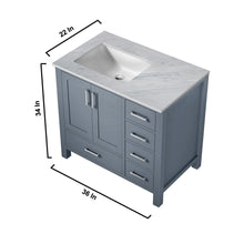 Load image into Gallery viewer, Lexora Jacques LJ342236SBDS000-L 36&quot; Single Bathroom Vanity in Dark Grey with White Carrara Marble, White Rectangle Sink on Left, Vanity Dimensions