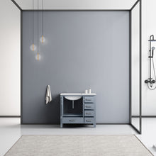 Load image into Gallery viewer, Lexora Jacques LJ342236SBDS000-L 36&quot; Single Bathroom Vanity in Dark Grey with White Carrara Marble, White Rectangle Sink on Left, Rendered Open Doors