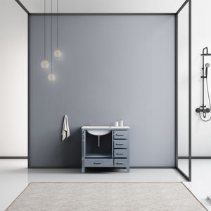 Lexora Jacques LJ342236SBDS000-L 36" Single Bathroom Vanity in Dark Grey with White Carrara Marble, White Rectangle Sink on Left, Rendered Open Doors