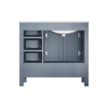 Load image into Gallery viewer, Lexora Jacques LJ342236SBDS000-L 36&quot; Single Bathroom Vanity in Dark Grey with White Carrara Marble, White Rectangle Sink on Left, Back View