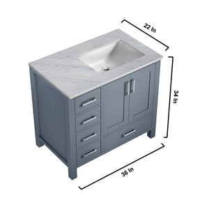 Lexora Jacques LJ342236SBDS000-R 36" Single Bathroom Vanity in Dark Grey with White Carrara Marble, White Rectangle Sink on Right, Vanity Dimensions