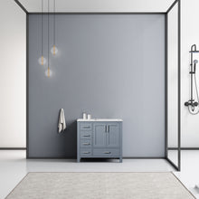 Load image into Gallery viewer, Lexora Jacques LJ342236SBDS000-R 36&quot; Single Bathroom Vanity in Dark Grey with White Carrara Marble, White Rectangle Sink on Right, Rendered Front View
