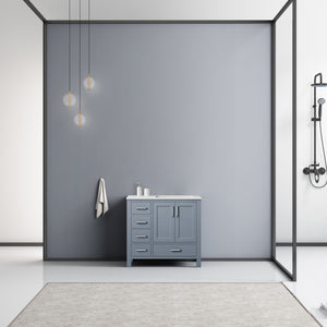 Lexora Jacques LJ342236SBDS000-R 36" Single Bathroom Vanity in Dark Grey with White Carrara Marble, White Rectangle Sink on Right, Rendered Front View