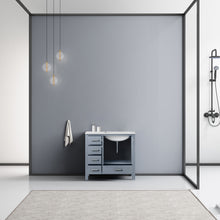 Load image into Gallery viewer, Lexora Jacques LJ342236SBDS000-R 36&quot; Single Bathroom Vanity in Dark Grey with White Carrara Marble, White Rectangle Sink on Right, Rendered Open Doors