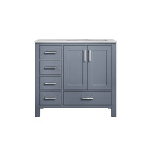 Load image into Gallery viewer, Lexora Jacques LJ342236SBDS000-R 36&quot; Single Bathroom Vanity in Dark Grey with White Carrara Marble, White Rectangle Sink on Right, Front View