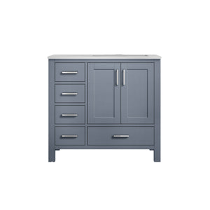 Lexora Jacques LJ342236SBDS000-R 36" Single Bathroom Vanity in Dark Grey with White Carrara Marble, White Rectangle Sink on Right, Front View