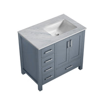Load image into Gallery viewer, Lexora Jacques LJ342236SBDS000-R 36&quot; Single Bathroom Vanity in Dark Grey with White Carrara Marble, White Rectangle Sink on Right, Countertop