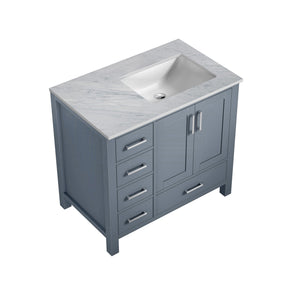 Lexora Jacques LJ342236SBDS000-R 36" Single Bathroom Vanity in Dark Grey with White Carrara Marble, White Rectangle Sink on Right, Countertop